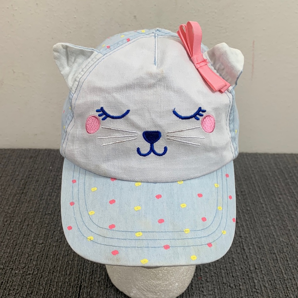 Cat Baseball Hat Toddler Size 12-24 mos Blue Pink Yellow Polka Dot Bow Strapback